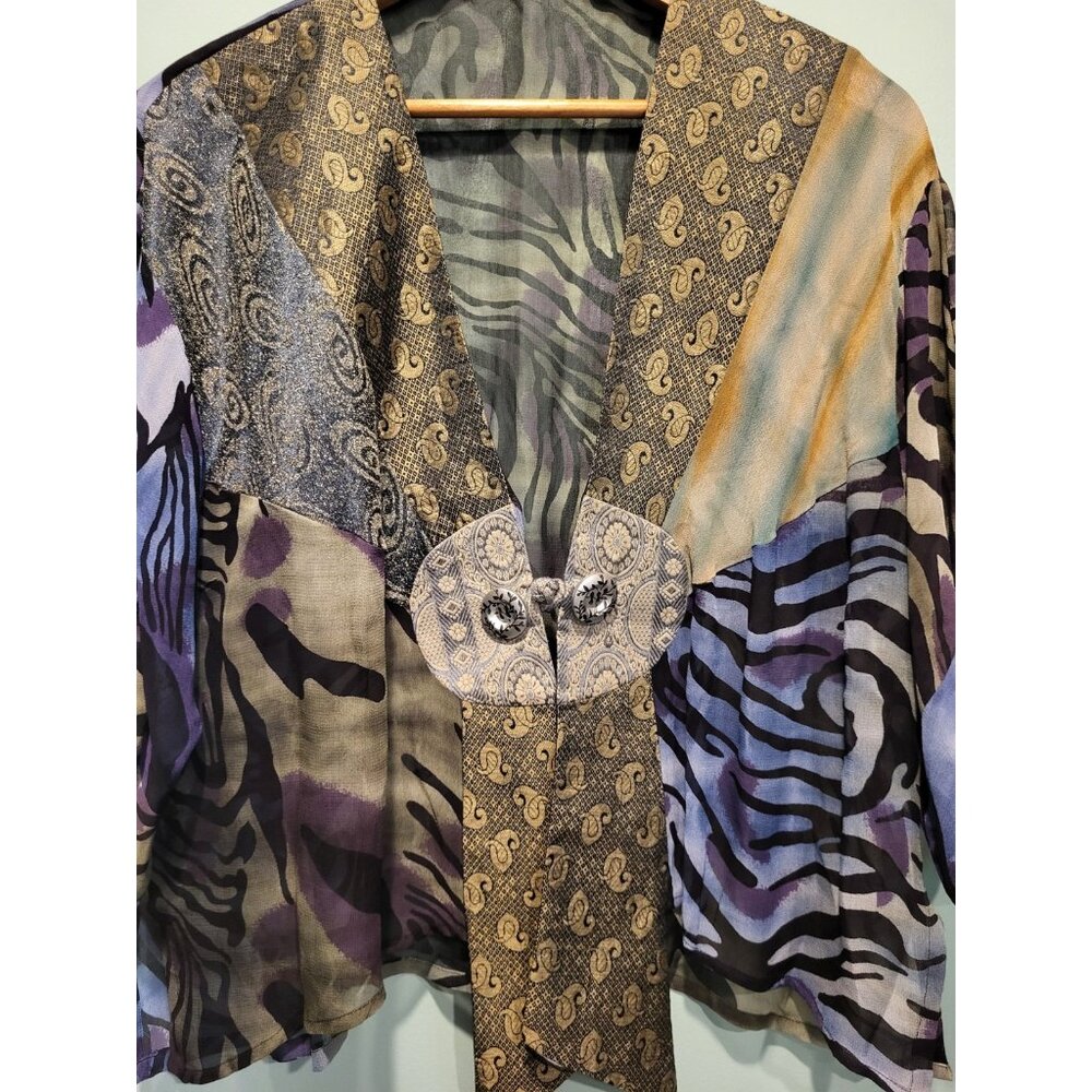 Dark Multi Pattern Sheer Artsilk 1 Hook 3/4 Sleeve Topper Kimono Artsy Unique OS - Picture 2 of 5